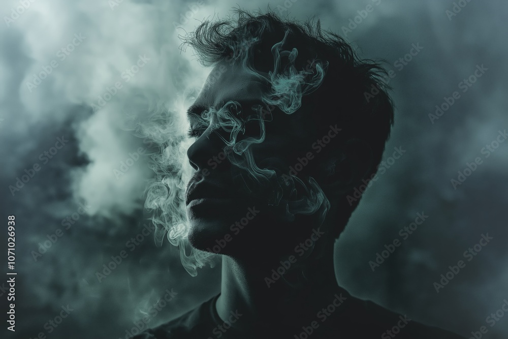 A mysterious man in shadows is enveloped by smoke, evoking a sense of introspection and intrigue. A mysterious man in shadows is enveloped by smoke, evoking a sense of introspection and intrigue.