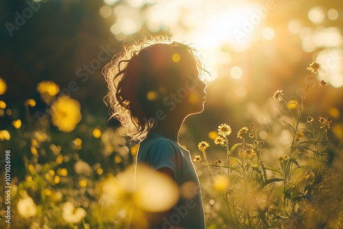 A silhouetted child surrounded by wildflowers, basking in warm golden light, symbolizing innocence and wonder. photo