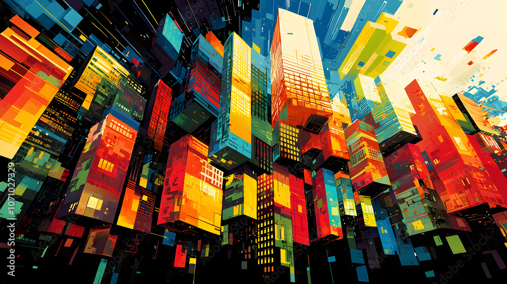 Obraz premium Colorful Abstract Cityscape Wallpaper with Vibrant Geometric Patterns and Futuristic Architecture