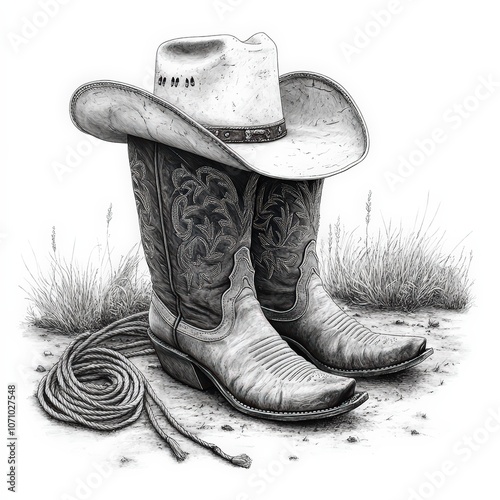 Vector of cowboy gear: hat, boots, spurs, and rope