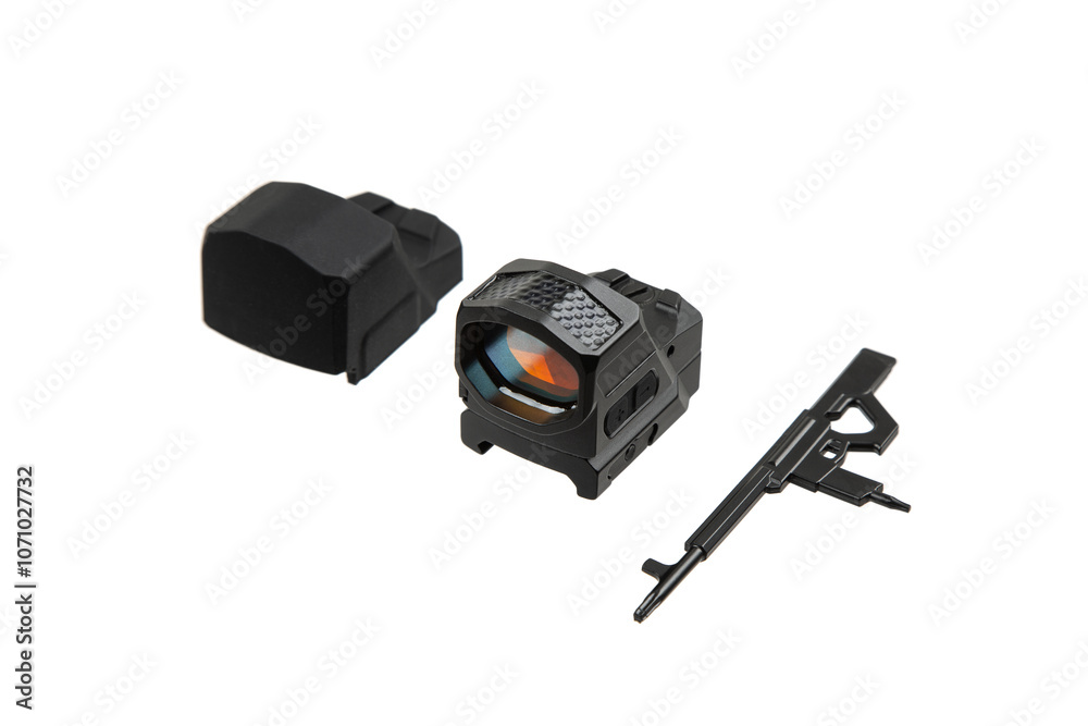 Modern optical collimator sight. Aiming device for shooting at short distances. Isolate on a white back. Modern optical collimator sight. Aiming device for shooting at short distances. Isolate on a white back.