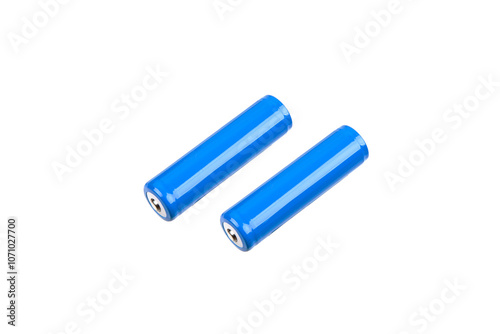 Two blue cylindrical batteries on a white background, representing rechargeable power sources with high capacity and durability. Isolate on white back.