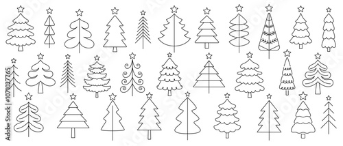Set of simple linear Christmas trees with star. Vector illustration of icons with black thin outline for logo design, gift, tag, pendant, sticker, stamp, children's coloring on white background.