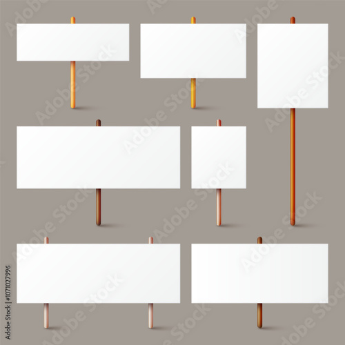 Blank white protest sign with wooden holder. Various realistic vector demonstration banners. Strike action cardboard placard mockup. Social advertisement. Vector illustration