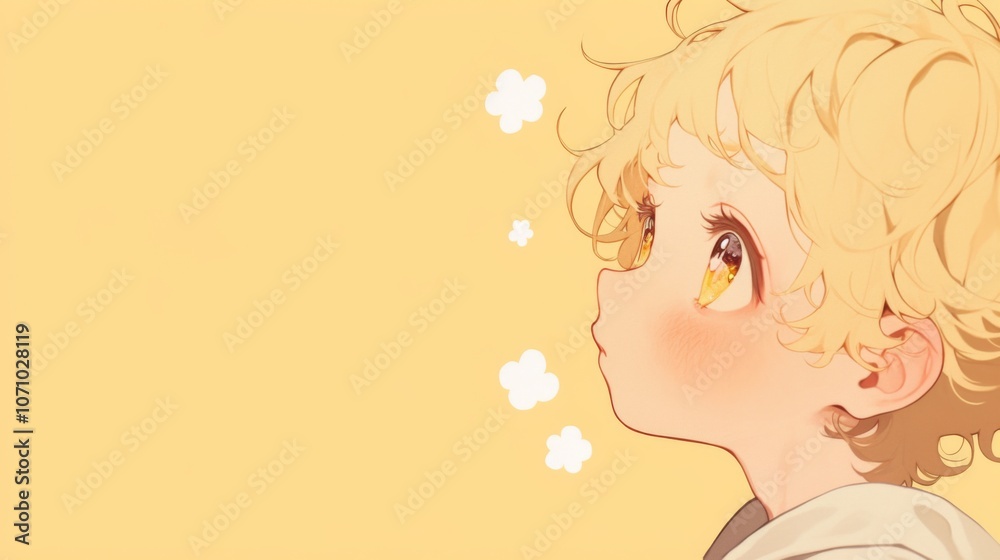 Cute chibi anime character with blonde hair and yellow eyes, smiling cheerfully, set against a light yellow background with small white clouds in their golden curly hair Cute chibi anime character with blonde hair and yellow eyes, smiling cheerfully, set against a light yellow background with small white clouds in their golden curly hair