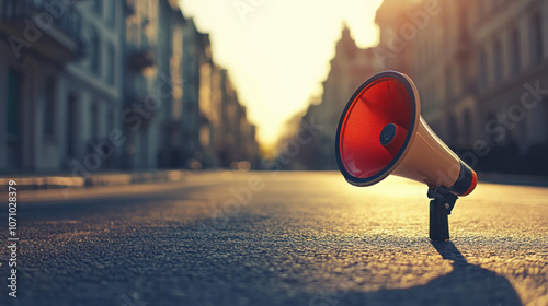 Megaphone placed on empty city street during sunset, symbolizing public announcement or protest message. Copy space