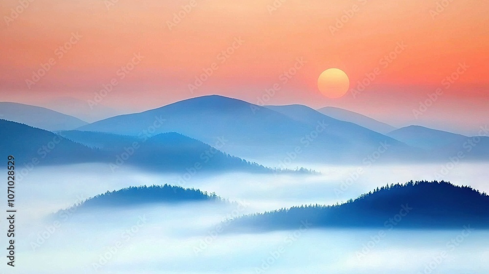 Fototapeta premium Sunset mountain range with tree and fog foregrounds