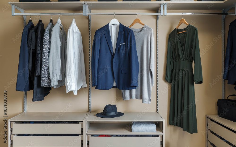Elegant wardrobe arrangement with various outfits on hangers, including formal blazers, shirts, and a green dress, showcasing an organized clothing storage solution Elegant wardrobe arrangement with various outfits on hangers, including formal blazers, shirts, and a green dress, showcasing an organized clothing storage solution