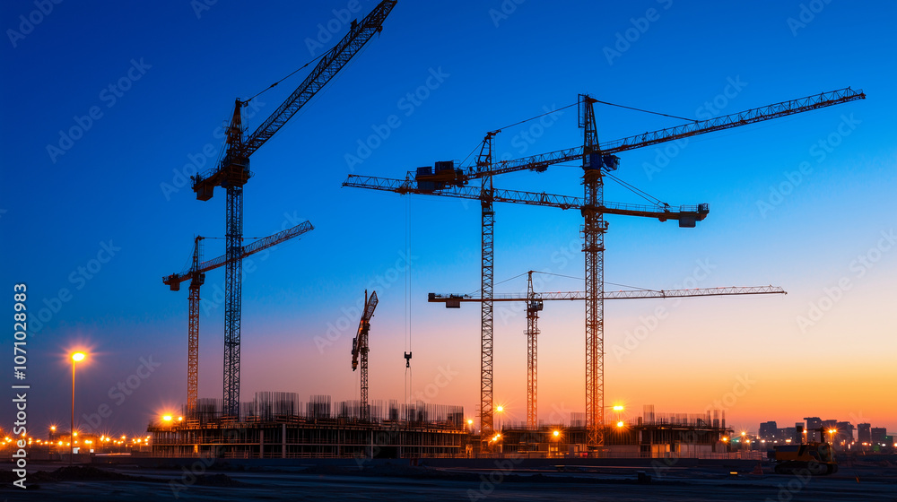 Fototapeta premium Construction Site with Cranes at Sunset and Clear Blue Sky