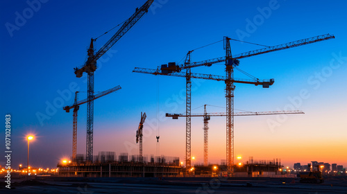 Construction Site with Cranes at Sunset and Clear Blue Sky