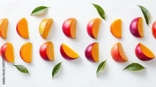 Wallpaper Mural   A picture of sliced peaches arranged on a white background, surrounded by green foliage Torontodigital.ca