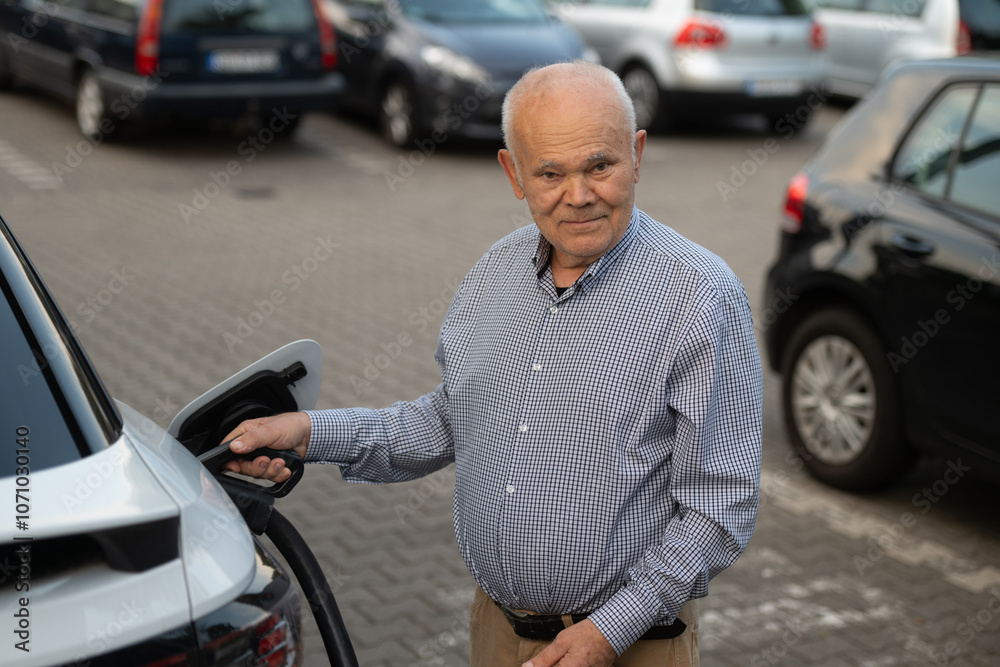 Senior Man Charging Electric Car with a Smile in Parking Lot Senior Man Charging Electric Car with a Smile in Parking Lot