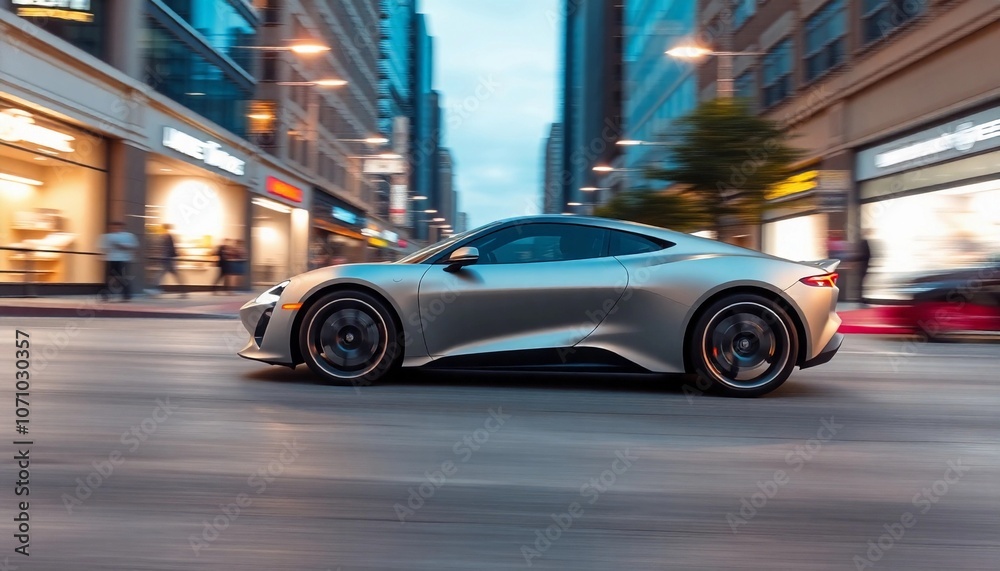 Fototapeta premium Sleek Silver Sports Car Speeding Through City Streets at Dusk 