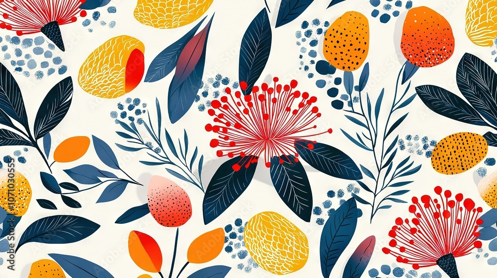  Floral design featuring orange, blue, and red blooms on a white canvas, accentuated by blue, red, yellow, and green foliage
