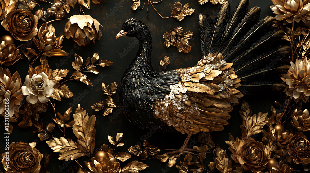 Obraz premium A black peacock with gold accents stands among golden flowers and leaves on a dark background