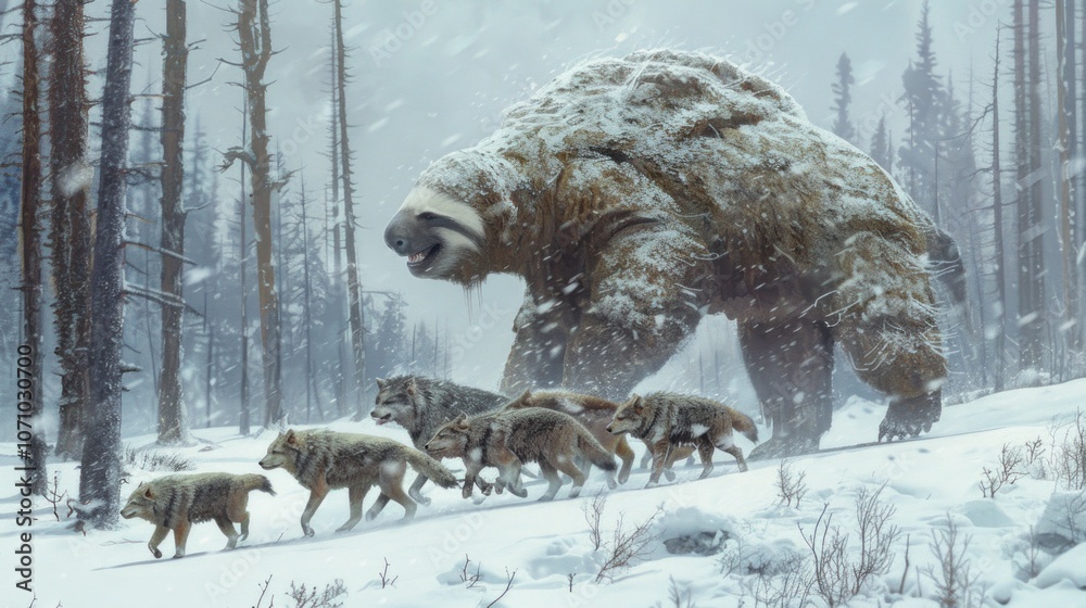 Obraz premium A Giant Sloth and Wolves in a Snowstorm