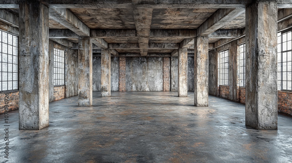 An empty industrial space with weathered walls and large windows, ideal for creative projects. An empty industrial space with weathered walls and large windows, ideal for creative projects.