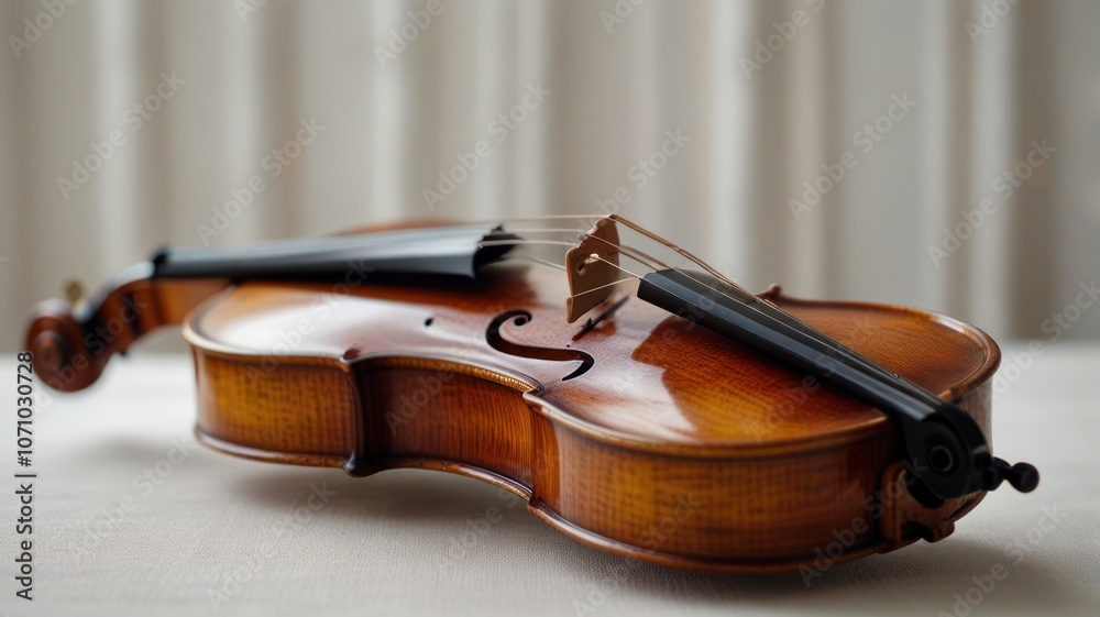 Obraz premium a violin, resting on a wooden surface. The warm, golden hue of the wood, combined with the intricate details of the instrument, creates a sense of elegance and artistry.
