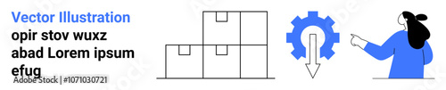 Person pointing at a blue gear with a downward arrow, three stacked boxes, and placeholder text. Ideal for logistics, shipping, automation, technology, business, warehouse management, process