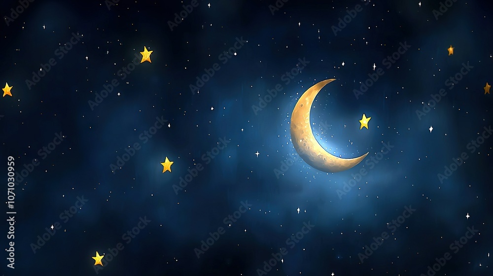 Crescent and stars in the night sky with moon in center Crescent and stars in the night sky with moon in center