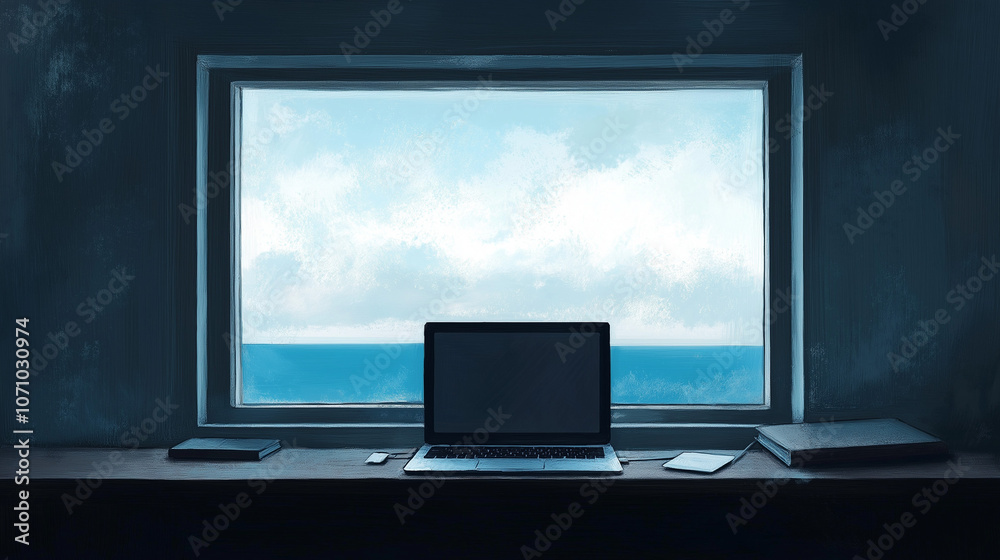 Fototapeta premium A laptop computer set against a daytime sky background.
