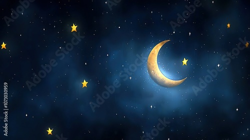  Crescent and stars in the night sky with moon in center