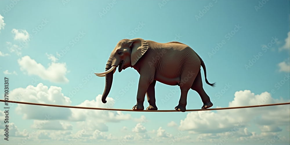 Obraz premium Big heavy elephant balancing on a rope, metaphorical concept about a difficult situation in life, tightrope act