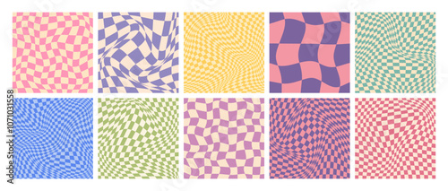 Groovy checkered pattern, colorful distorted tiled grid. Vintage wavy curved backdrop, distortion effect. Funky geometric chessboard texture, retro background in 90s style, y2k. Vector illustration