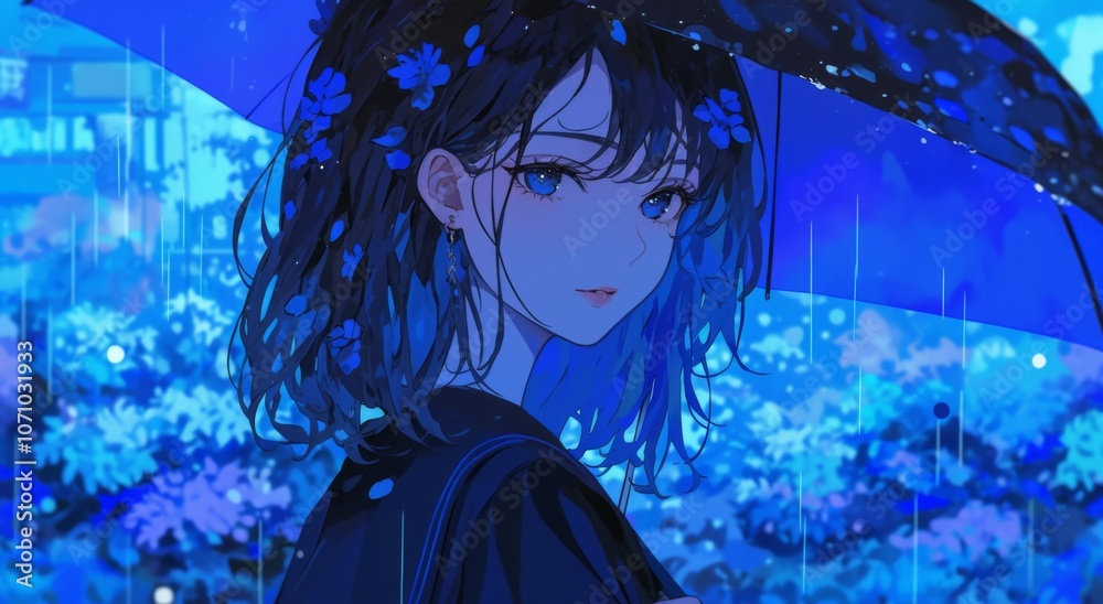 Fototapeta premium A melancholic anime girl holding an umbrella under a night sky, with blue raindrops falling on her face.