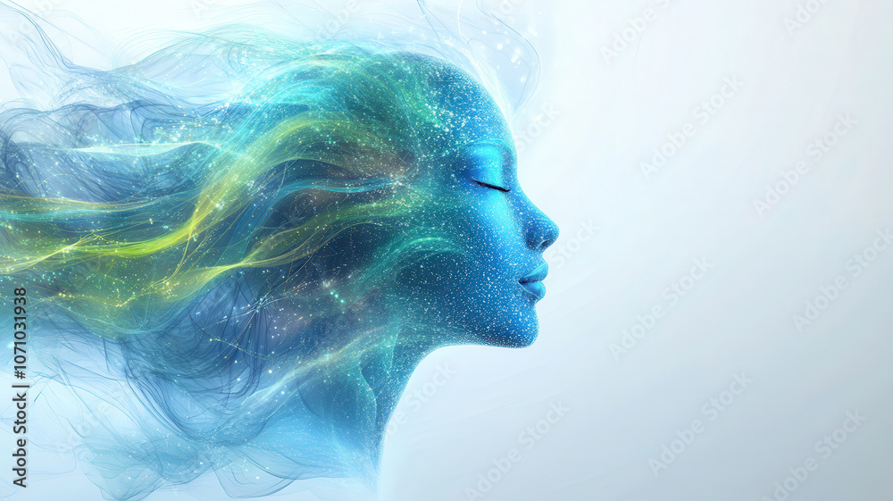 Glowing blue and green lines create an AI head on a bright white backdrop, featuring soft digital waves and light flares Glowing blue and green lines create an AI head on a bright white backdrop, featuring soft digital waves and light flares