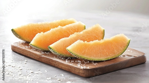  A watermelon cut in half on a wooden board with a sprinkle of sea salt next to it