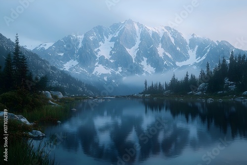 A serene early morning scene featuring a majestic snow-capped mountain reflecting in a calm lake, surrounded by lush evergreen trees and misty mountains in the background.