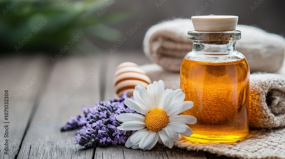 Close-up of a honey bottle on a table with towels and a towel behind it, featuring a flower Close-up of a honey bottle on a table with towels and a towel behind it, featuring a flower