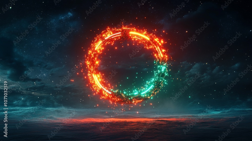 Obraz premium A minimalistic Christmas wreath made from glowing neon rings and tubular LED lights in reds and greens, floating against a starry dark sky, surreal, digital painting