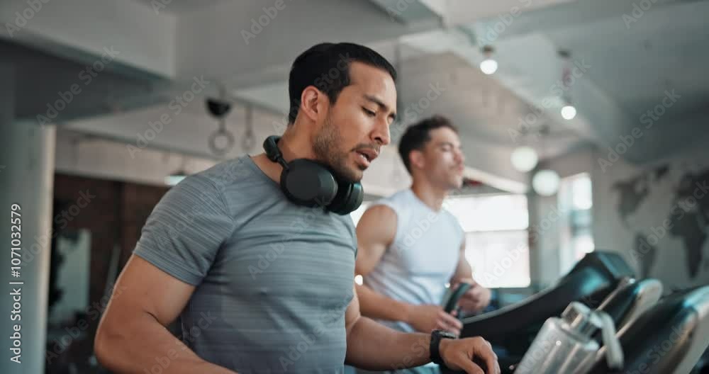 Men, friends an high five on treadmill with sweat at gym for teamwork, achievement and motivation. People, partners and sweat with exercise, training and workout at fitness center for self care Men, friends an high five on treadmill with sweat at gym for teamwork, achievement and motivation. People, partners and sweat with exercise, training and workout at fitness center for self care