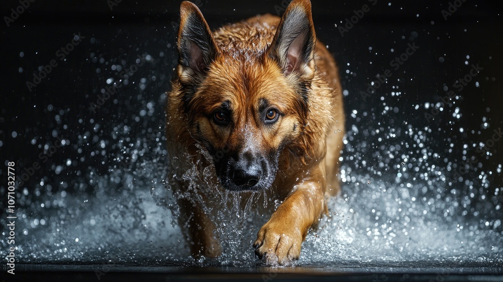 A German Shepherd runs splashing along a water path on a black background A German Shepherd runs splashing along a water path on a black background