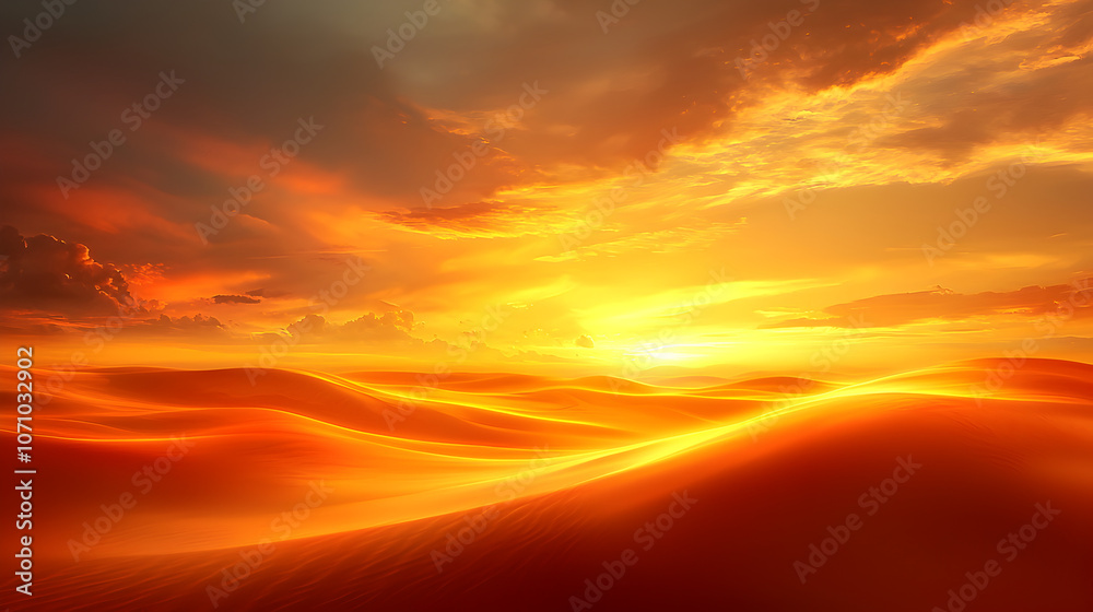 Fototapeta premium Tranquil Desert Sunset with Dramatic Clouds and Golden Light over Sand Dunes