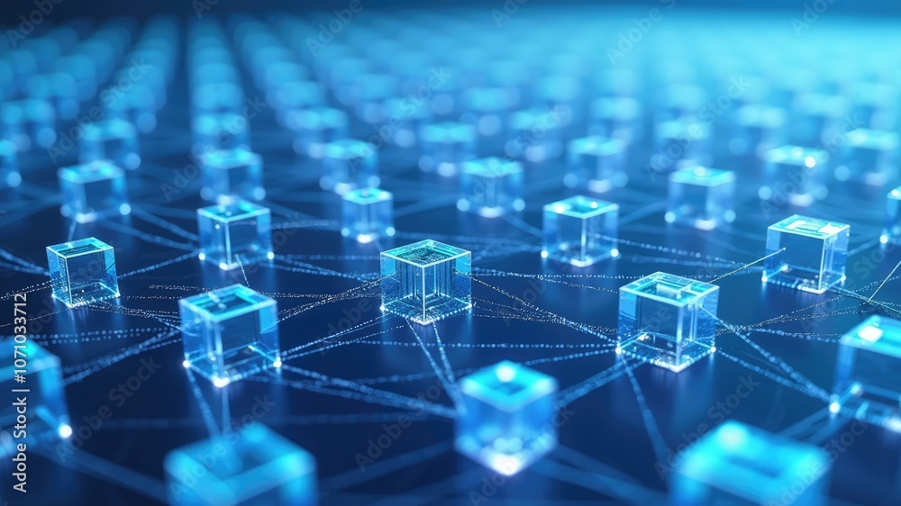 Obraz premium Exploring a digital network of interconnected transparent cubes creating a futuristic data landscape
