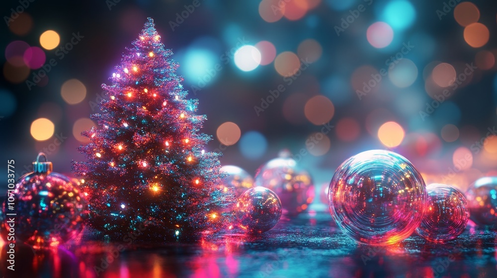 Close-up of a sleek, modern Christmas tree with fiber-optic branches glowing in vibrant holographic hues, surrounded by transparent, futuristic ornaments, Sci-fi, Neon palette