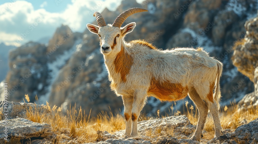 A majestic mountain goat stands proudly on a rocky cliff, with a backdrop of snow-capped peaks. A majestic mountain goat stands proudly on a rocky cliff, with a backdrop of snow-capped peaks.