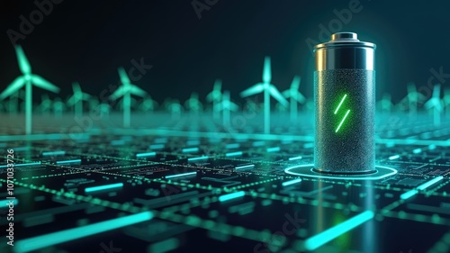 Innovative energy storage concept featuring a glowing battery amidst a futuristic landscape with wind turbines and digital circuits