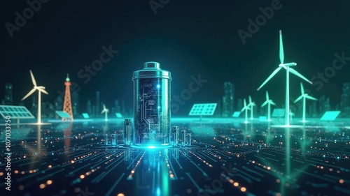 A futuristic cityscape showcasing renewable energy sources and a glowing battery at the center of sleek architecture and digital circuits