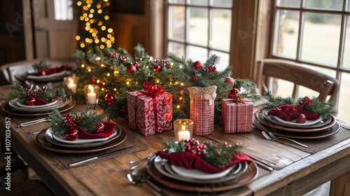 Warm and inviting holiday table with neatly wrapped gift boxes as placeholders, twinkling fairy lights, red and green decor, and delicate festive touches