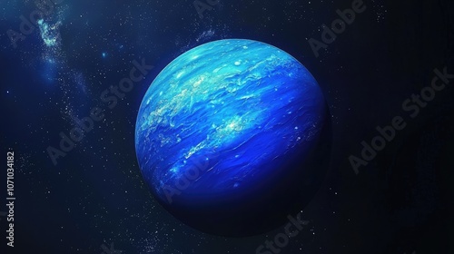 A blue gas giant planet with swirling clouds in space.