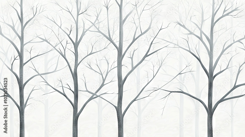 Fototapeta premium A group of barren trees in front of a hazy sky with a bench in the background