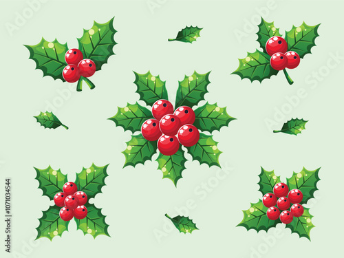 Christmas holly berry set isolated vector