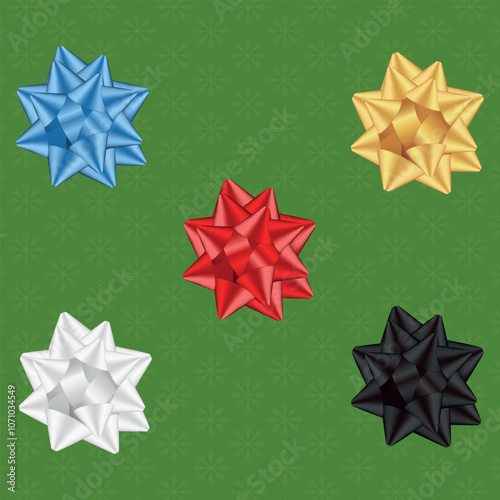 Set de cinco moños realistas, para decoración, en color azul, dorado, blanco, negro y rojo, para decorar regalos, diseño vectorial.