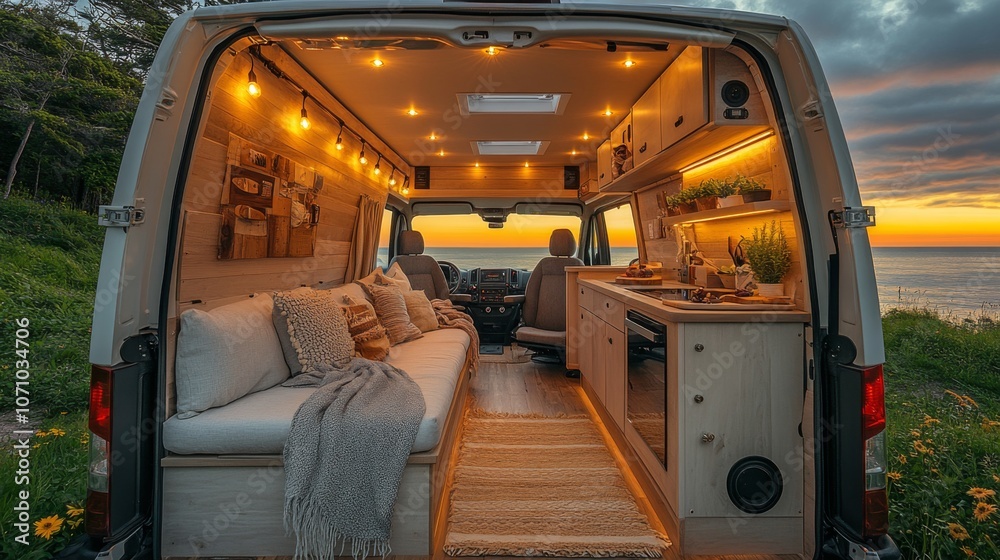 The interior of a van features a cozy seating area with warm lighting, perfect for relaxation while enjoying a breathtaking ocean view at sunset. The interior of a van features a cozy seating area with warm lighting, perfect for relaxation while enjoying a breathtaking ocean view at sunset.