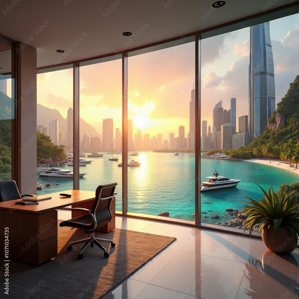 Fototapeta premium A serene office overlooking the bustling cityscape during a vibrant sunset with boats gliding across the tranquil waters