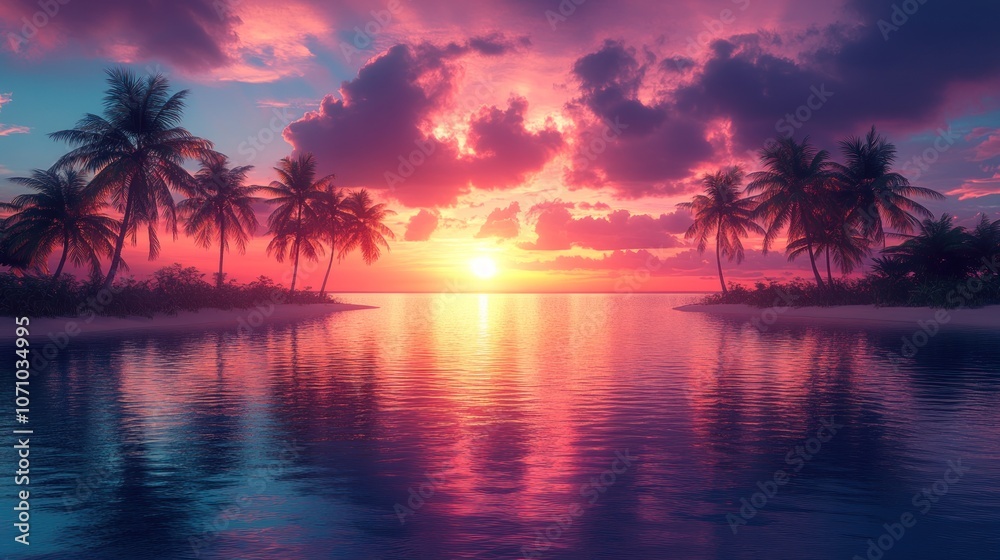 A tropical sunset over a calm ocean with palm trees silhouetted against the vibrant sky.